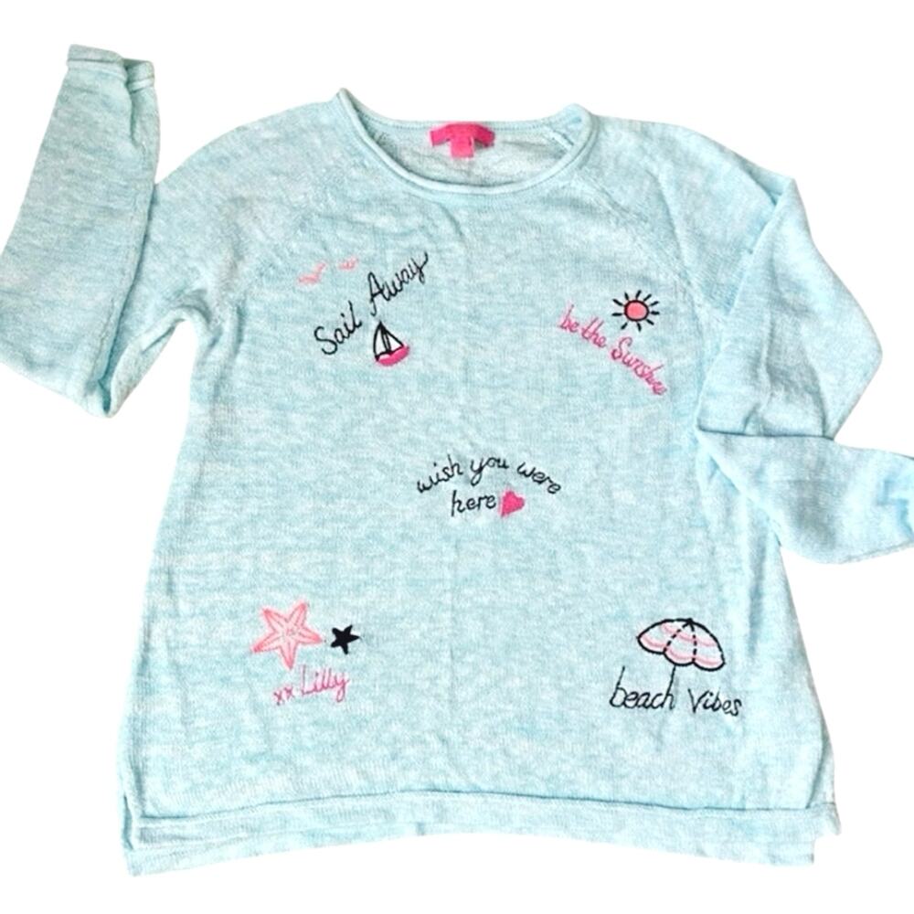 Lilly Pulitzer Danette Sweater Celestial Blue Sailabration Embroidered Beach - L